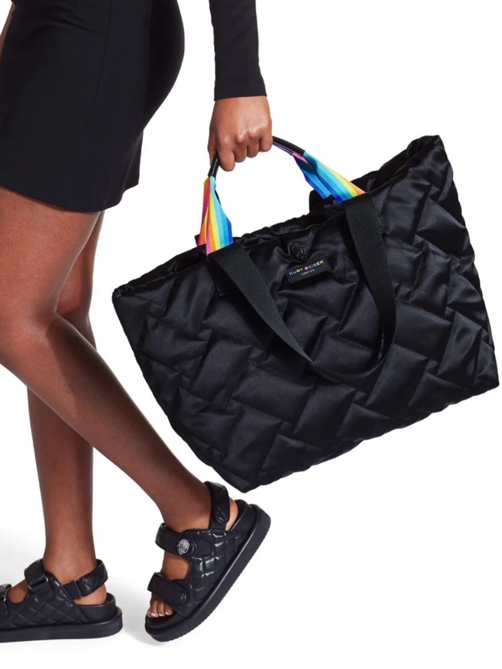 Kurt Geiger Black Quilted Tote with Rainbow Handle Accents